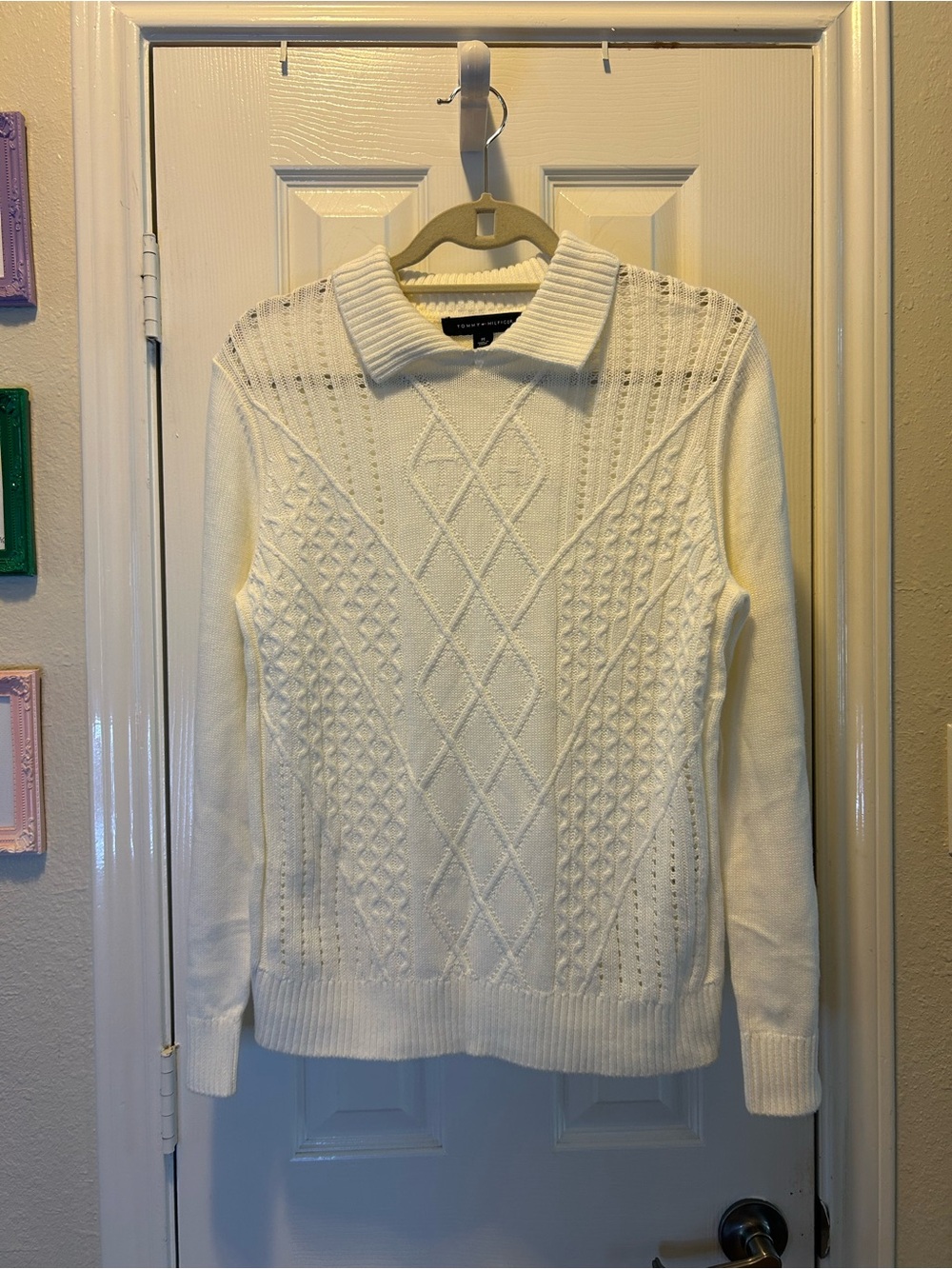 Tommy Hilfiger Cream Cable Knit Polo-Collar Sweater